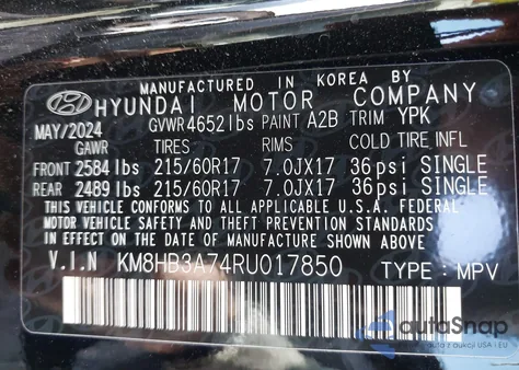 2024 Hyundai Kona Se из США, поврежденный, VIN KM8HB3A74RU017850